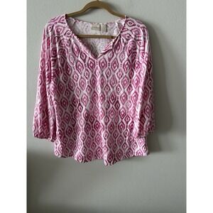 Chico's Women's Abstract Geometric V Neck 3/4 Sleeve Top Size 2 / US Large Artsy